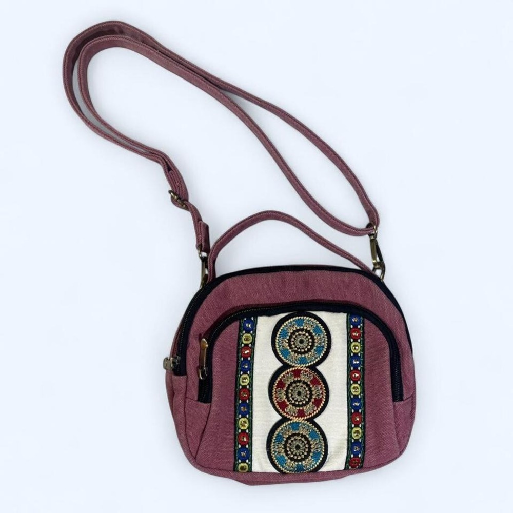 Pink canvas Crossbody Bag With Embroidered Design Boho Festival Summer Spring‎